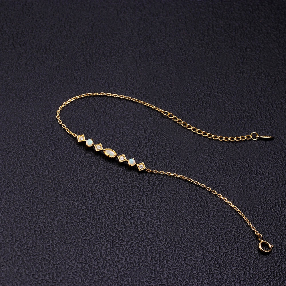 Bijoux Femme 925 Sterling Silver Gold Plated Gemstone Cz Zircon Rhombus Square Round Australian Opal Bracelet With Natural Stone