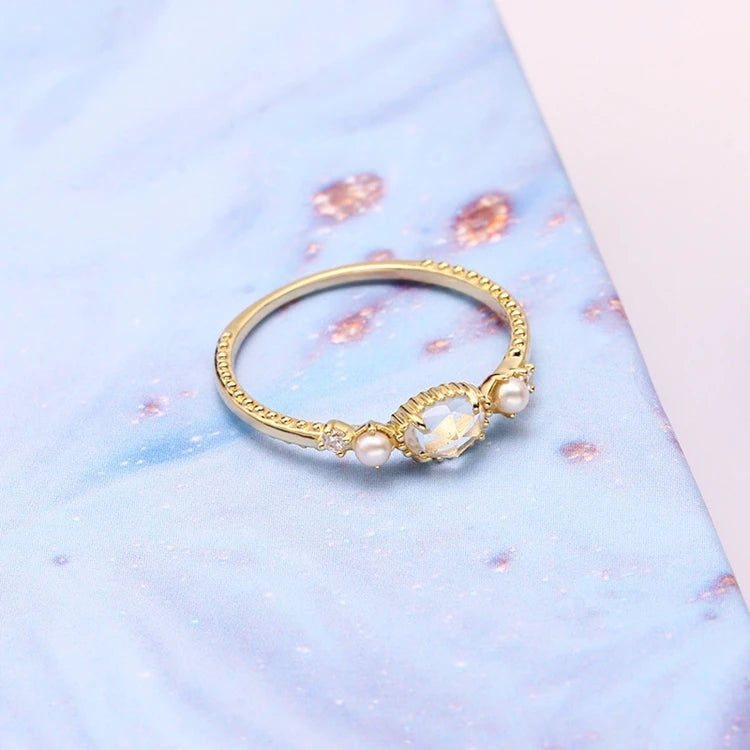 Emotional Factory Anel 925 Sterling Silver 14K Gold Plated Gemstones Simple Minimalist Pearls Natural Rock Crystal Ring