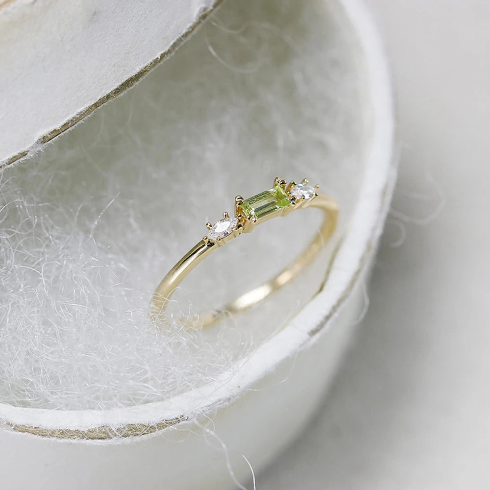 Joyeria Al Por Mayor Factory 925 Sterling Silver Gold Plated Gemstone Cz Zircon Geometric Rectangular Stone Green Peridot Ring