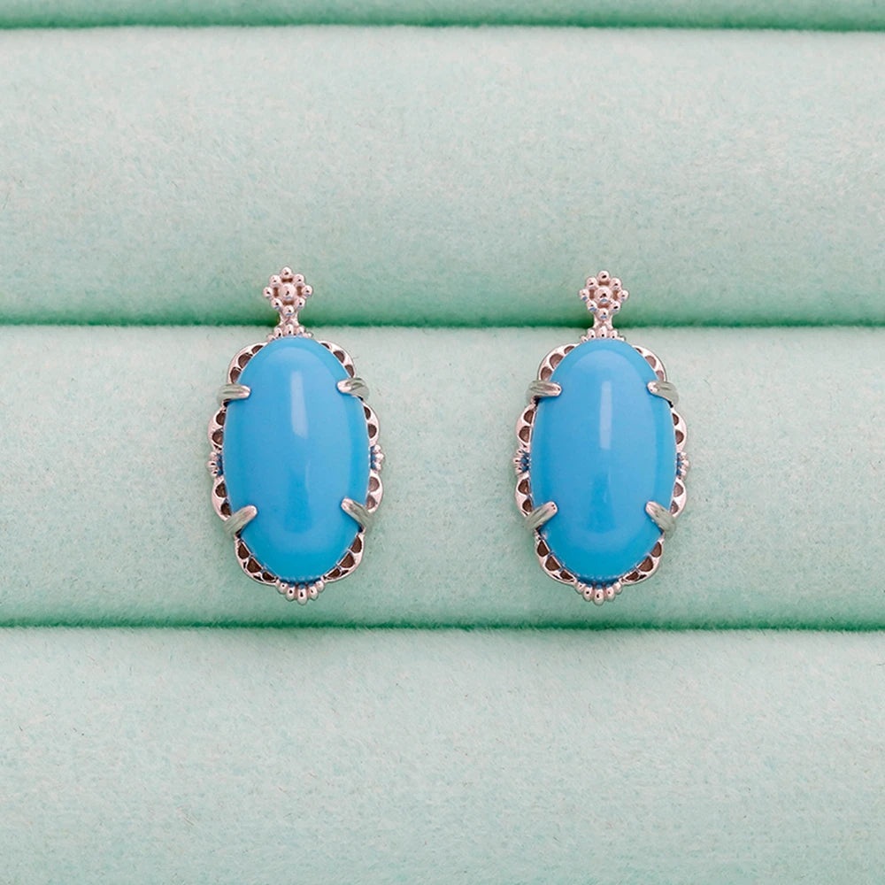 925 Sterling Silver 14K Gold Plated Gemstone Retro Egg Stone Artificial Turquoise Earrings