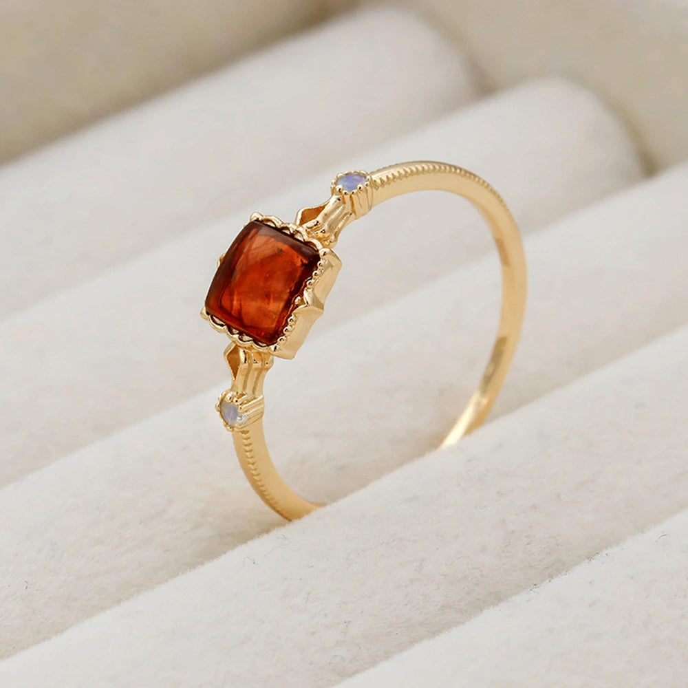 925 Sterling Silver 14K Gold Plated Gemstone Vintage Courtly Style Ring Opal  Artificial Amber Rings