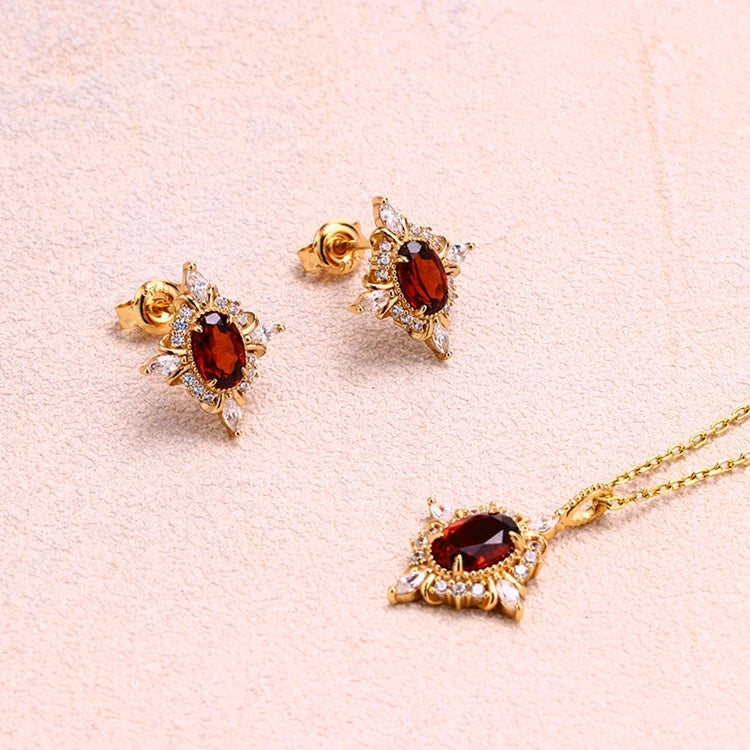 Emotional 925 Sterling Silver 14K Gold Plated Custom Gemstone Cz Zircon Cross Star Flower Red Garnet Necklace With Natural Stone