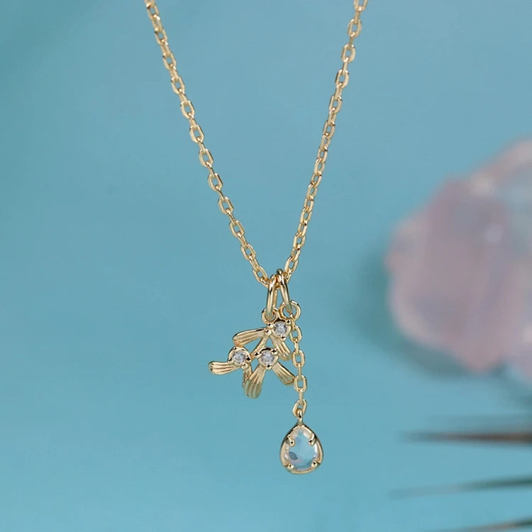 Emotional Factory 925 Sterling Silver 14K Gold Plated Gemstone Drop Leaf Crystal Double Pendant Necklace