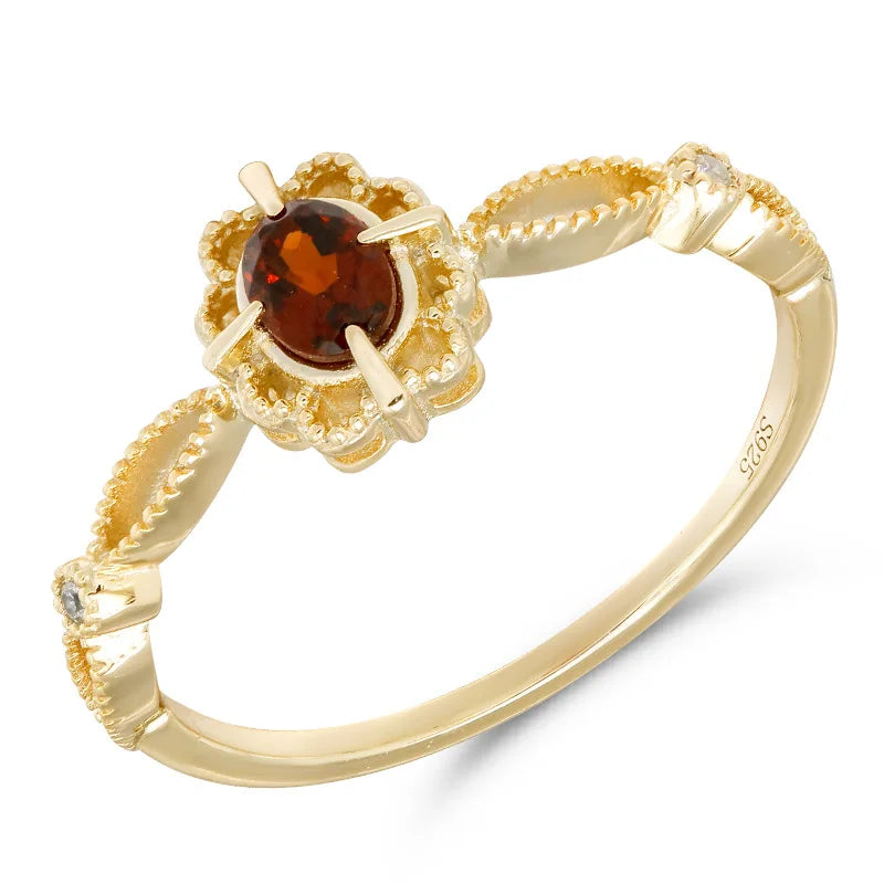 Anel De Prata  925 Sterling Silver 14K Gold Plated Gemstone Vintage Picture Frame Hollow Lace Natural Garnet Ring