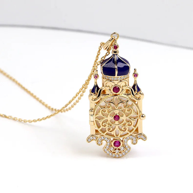 925 Sterling Silver 14K Gold Plated Gemstone Fairy Tale Castle Can Open S925 Natural White Shell Sweater Chain Lockets Pendant