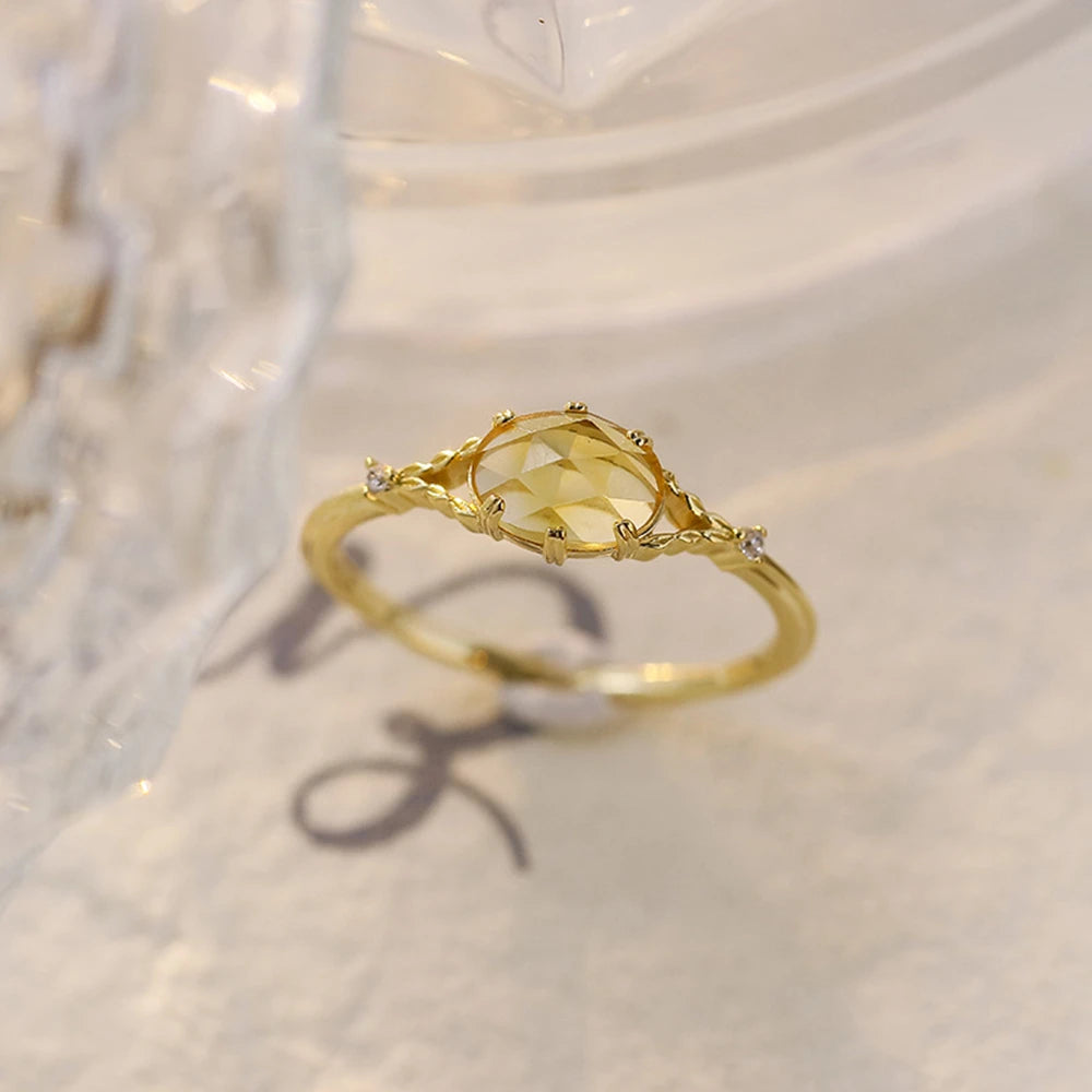 Joyeria Plata 925 Conjunto 925 Sterling Silver 14K Gold Plated Gemstone Geometrical Egg-Shaped Rings Spring Flowers Citrine Ring