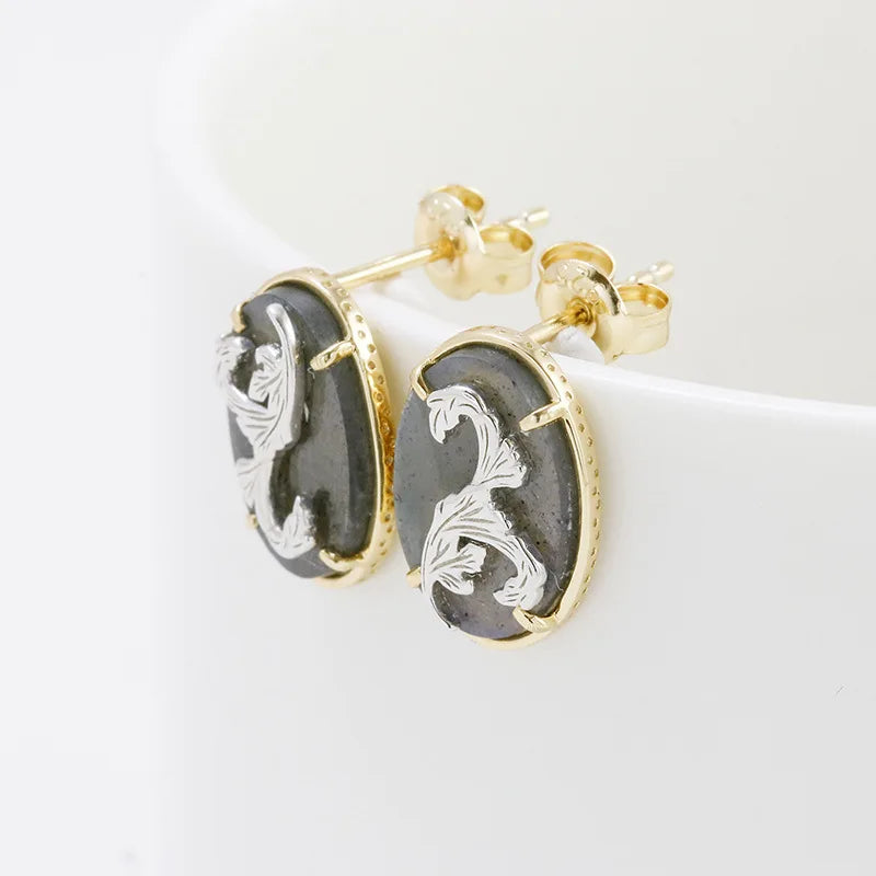 Emotional Factory 925 Sterling Silver 14K Gold Plated Gemstone Geometric Round Grassy Labradorite Earrings