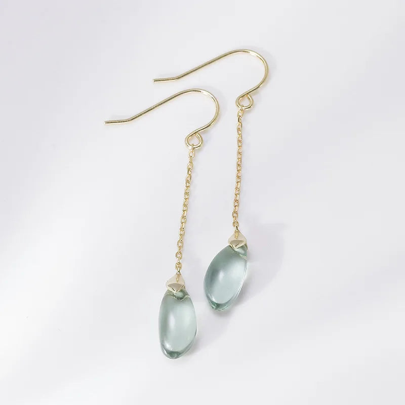 Emotional Factory 925 Sterling Silver 14K Gold Plated Gemstone Drop Green Quartzite Long Strip  Earrings