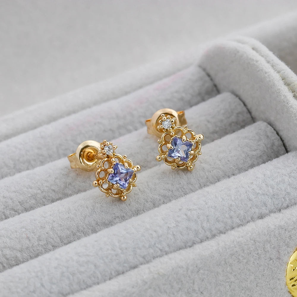 925 Sterling Silver 14K Gold Plated Gemstone Retro Hollow Flower Earring Geometric Square Stone Tanzanite Earrings