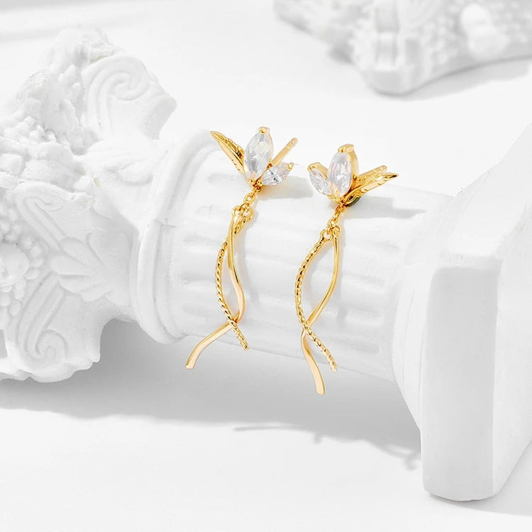 Emotional Factory 925 Sterling Silver 14K Gold Plated Gemstone Zircon Line Leaves Synthetic Opal Earrings