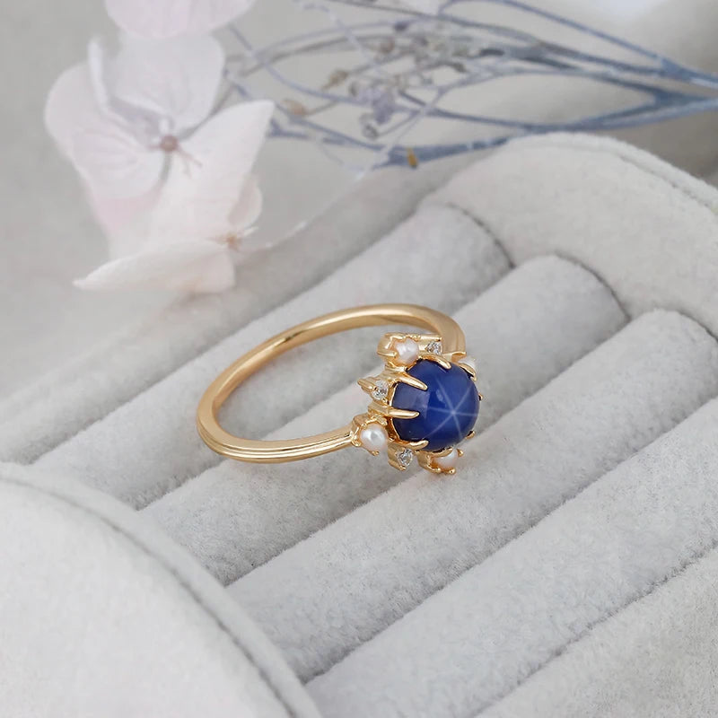 14K Gold Plated 925 Sterling Silver Snowflake Ring with Elegant Synthetic Star Sapphire ,Pearl and White Zircon
