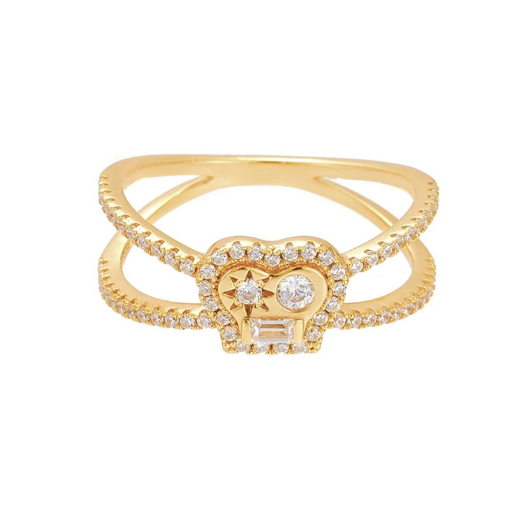 925 Sterling Silver 14K Gold Plated Zircon X Shaped Face Personalized Grimace Ring