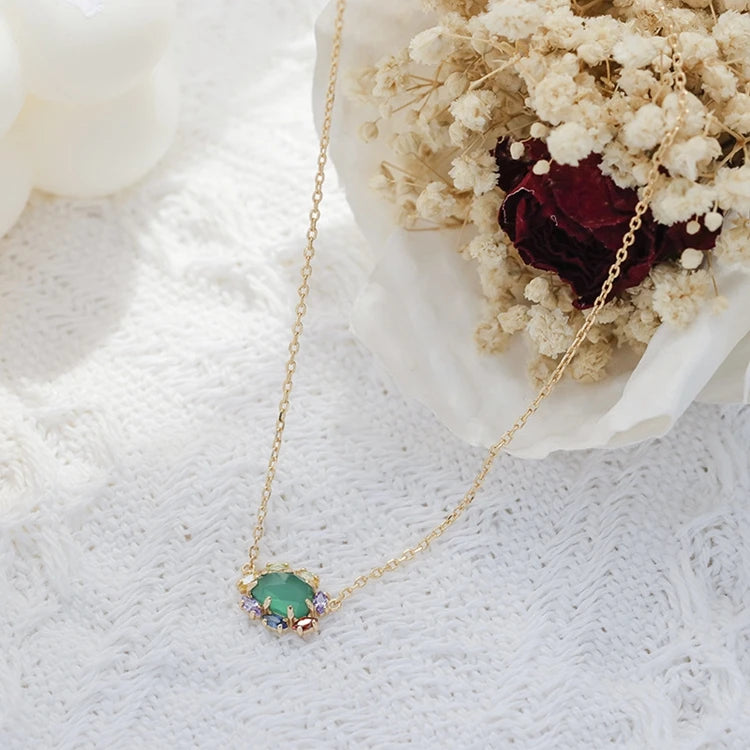 925 Sterling Silver 14K Gold Plated Gemstones Colourful Rainbow Red Garnet Natural Green Chalcedony Crystal Necklace