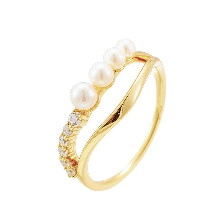 925 Sterling Silver 14K Gold Plated Gemstone White Zircon Double Natural Freshwater Pearls Ring