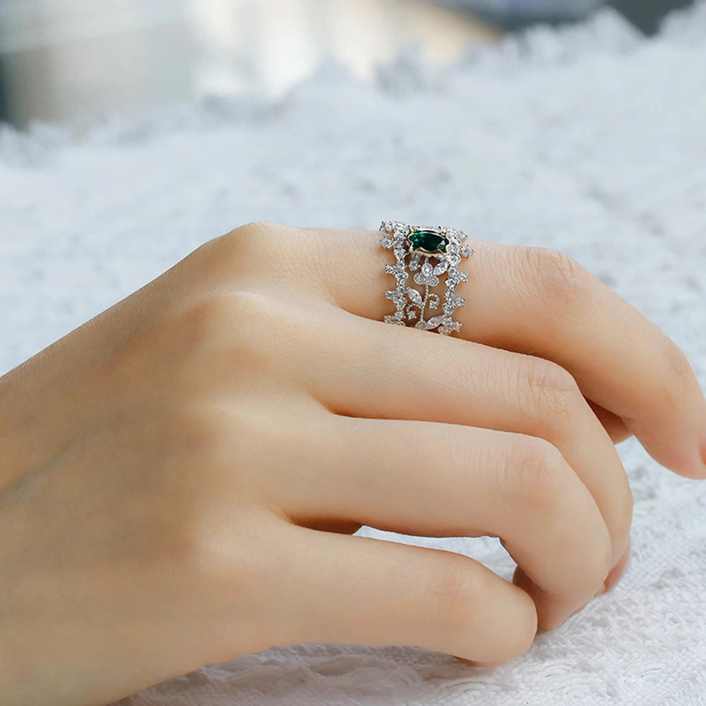 Emotional Factory 925 Sterling Silver 14K Gold Plated Gem Stone Gemstone Retro Hollow Geometric Flower Cultured Emerald Ring