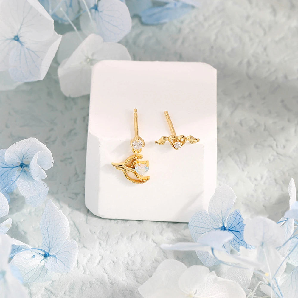 Emotional 925 Sterling Silver 14K Gold Plated Gem Stone Gemstone Flying Design Ring Moon Heart  Wings Quartz Stud Earrings