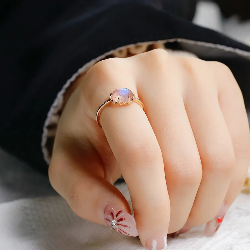 Emotional 925 Sterling Silver 14K Gold Plated Gem Stone Gemstone Ceramic Pattern Natural Labradorite Strawberry Crystal  Ring