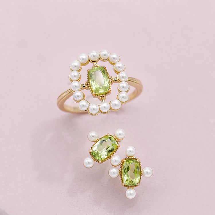 925 Sterling Silver 14K Gold Plated Gemstone Square Green Ring Pearl Natural Peridot Stud Earrings