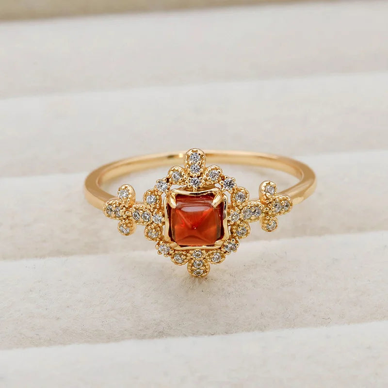 Red Garnet  Retro Style Pomegranate White Zirconium Ring S925 Silver Plating 14k Gold Fine Jewelry