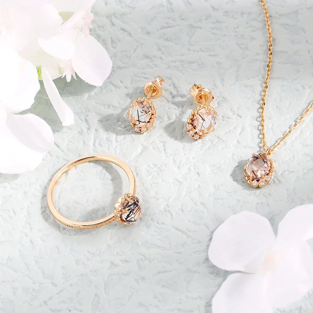 Landscape Zircon Natural Black Quartz Rutilated Hair Crystal Earrings