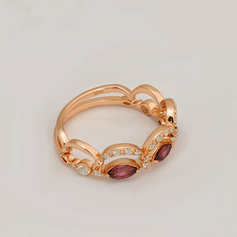 14K Gold Plated Sterling Silver Ring Set With Purplish Red Garnet Japanese Light Luxury Style
