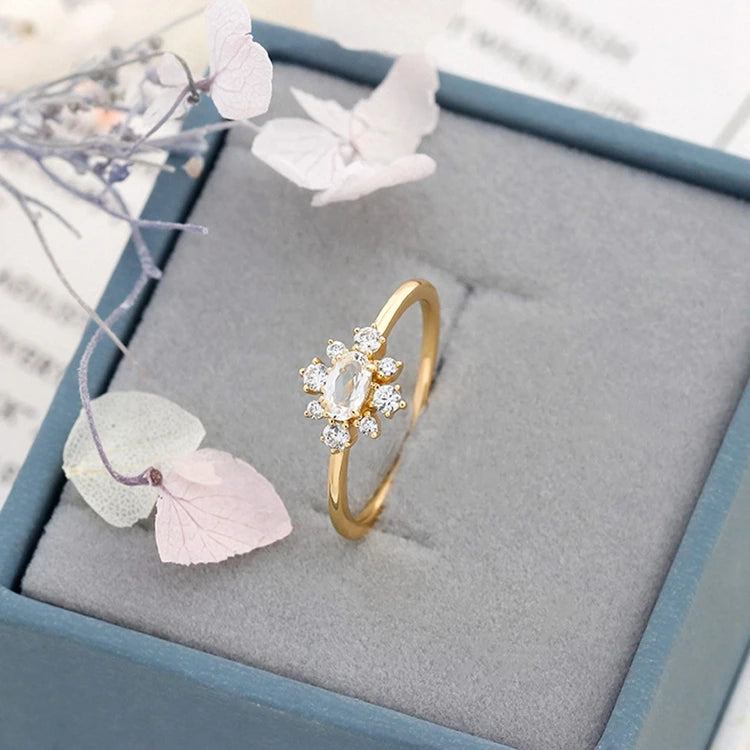 Emotional Factory 925 Sterling Silver 14K Gold Plated Gem Stone Gemstone Cz Zircon Flower Opening Natural Topaz Ring