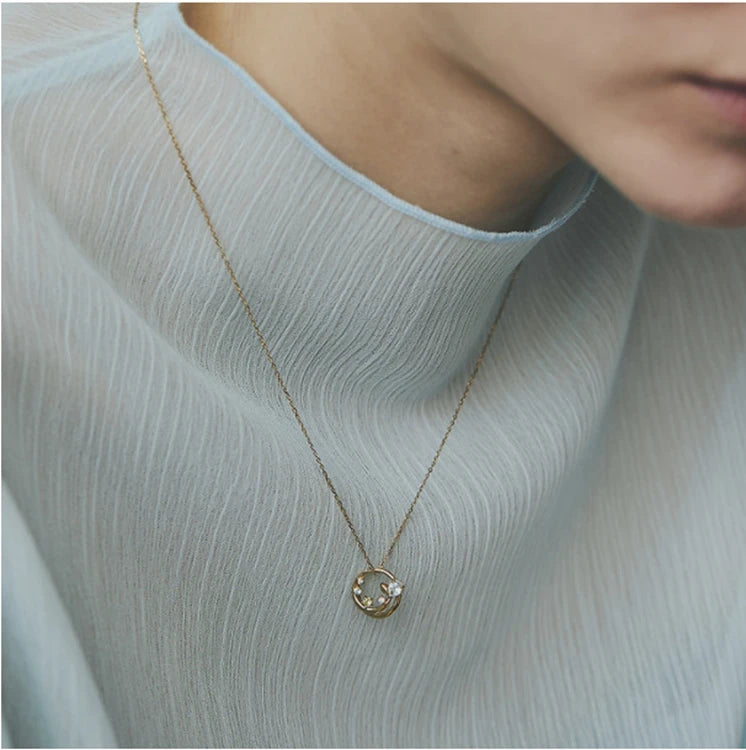 925 Sterling Silver 14K Gold Plated Gemstone Summer Hollow  Round Pendant Aquamarine Necklace