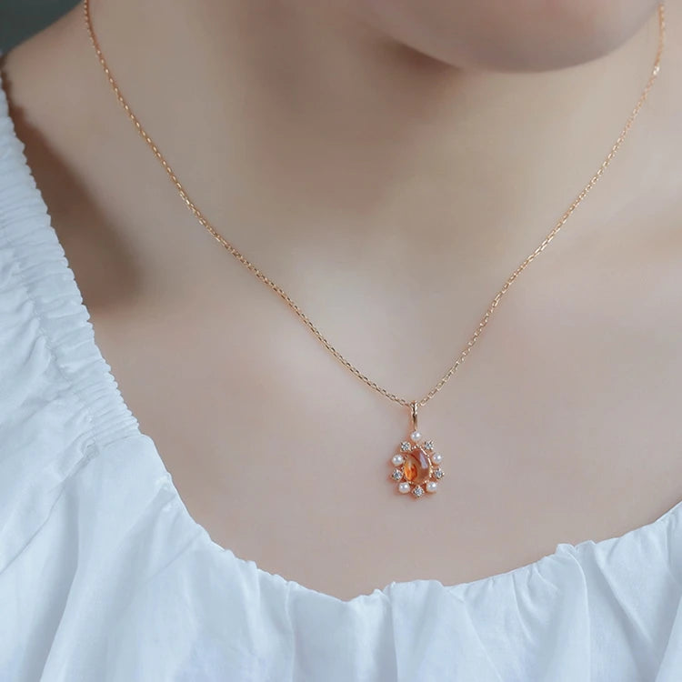 Emotional Factory 925 Sterling Silver 14K Gold Plated Gemstones Flowers Pendant Drop Amber Pendants Necklace