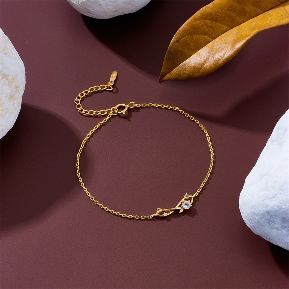 Emotional Pulseras Mujeres Factory 925 Sterling Silver Gold Plated Gemstone Series Aquamarine Peridot Sprout Infinity Bracelet