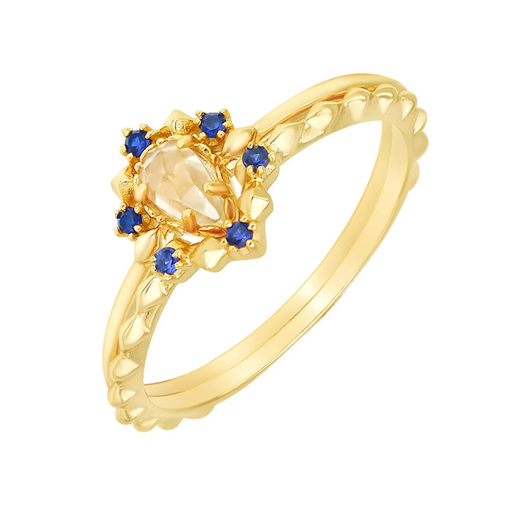 Emotional Factory 925 Sterling Silver 14K Gold Plated Gem Stone Gemstone Blue Spinel Drop Cz Zircon Lemon Quartz Ring Set