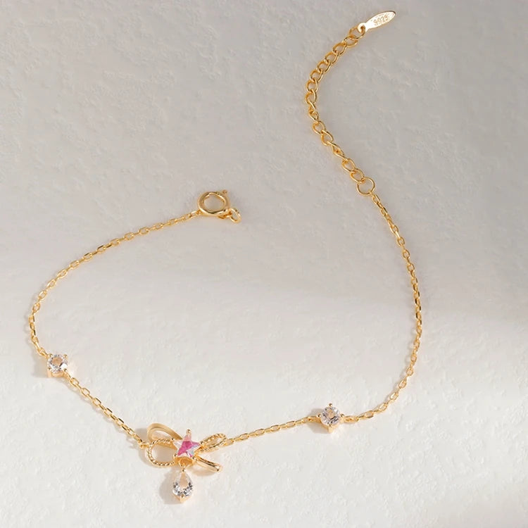 Emotional Pulsera De Pareja Factory 925 Sterling Silver 14K Gold Plated Gemstones Star Knot Bow Zirconia Bracelet