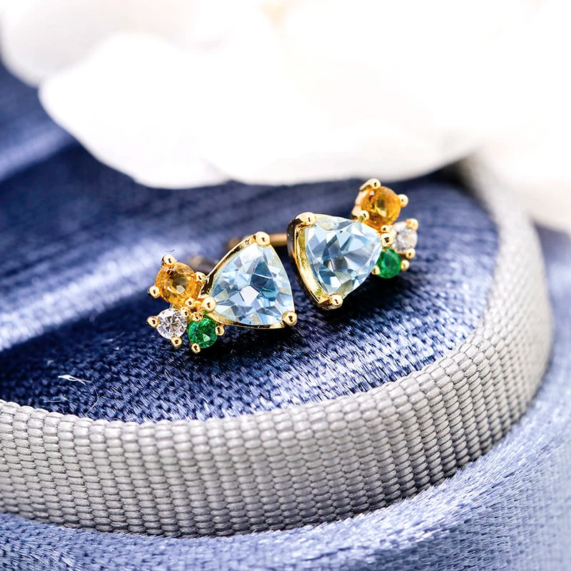 925 Sterling Silver 14K Gold Plated Gemstone Geometric Triangular Star Cz Zircon Topaz Citrine Simulate Emerald Stud Earrings