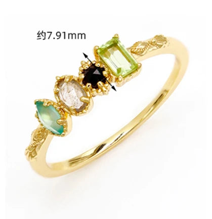 925 Sterling Silver 14K Gold Plated Gemstone Labradorite Black Onyx Peridot Chrysoprase Rainbow Gem Egg Round Square Stone Ring