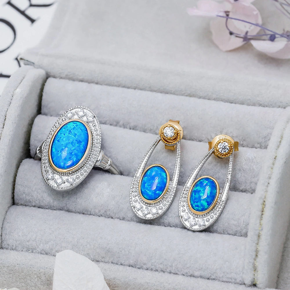 925 Sterling Silver 14K Gold Plated Gem Stone Gemstone Retro Hollow Vintage British Style Artificial Opal Combination Ring