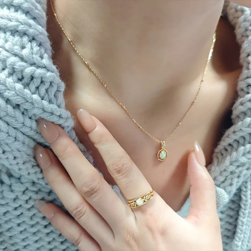 Emotional Factory 925 Sterling Silver 14K Gold Plated Gemstone Retro Hollow Opal Ring for Women