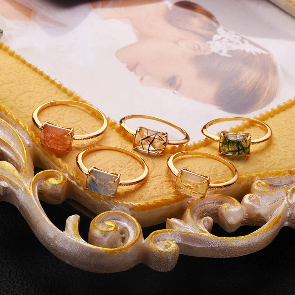 Emotional Factory 925 Sterling Silver Gem Stone Gemstone  Long Rectangular Hair Crystal Geometric Rings