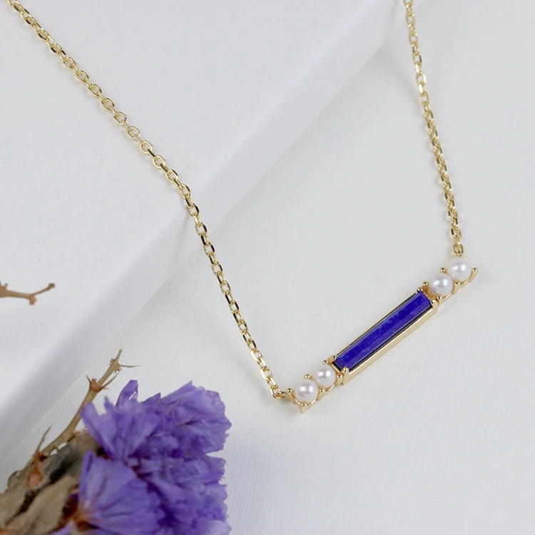 Gemstone Emotional Factory 925 Sterling Silver 14K Gold Plated Lapis Lazuli Horizontal Freshwater Pearl Necklace