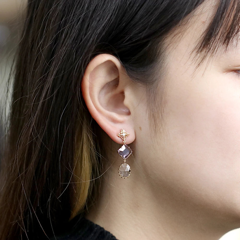 Factory Jewelry 925 Sterling Silver 14K Gold Plated Gemstone Series Crystal Brazilian Amethyst White Topaz Long Earrings