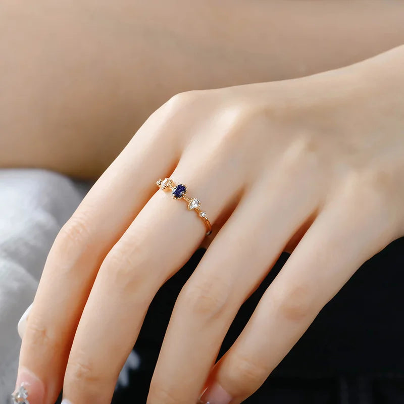 Emotional Factory 925 Sterling Silver 14K Gold Plated Gemstone Zircon Drop Topaz Night Sky Stars Blue Aventurine Ring