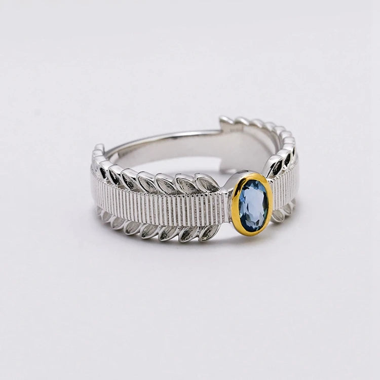 Emotional Factory 925 Sterling Silver 14K Gold Plated Gem Stone Gemstone Granule Leaves Petals London Blue Topaz Ring