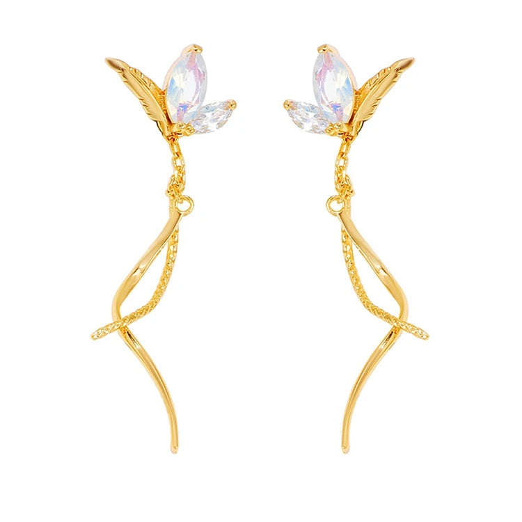 Emotional Factory 925 Sterling Silver 14K Gold Plated Gemstone Zircon Line Leaves Synthetic Opal Earrings