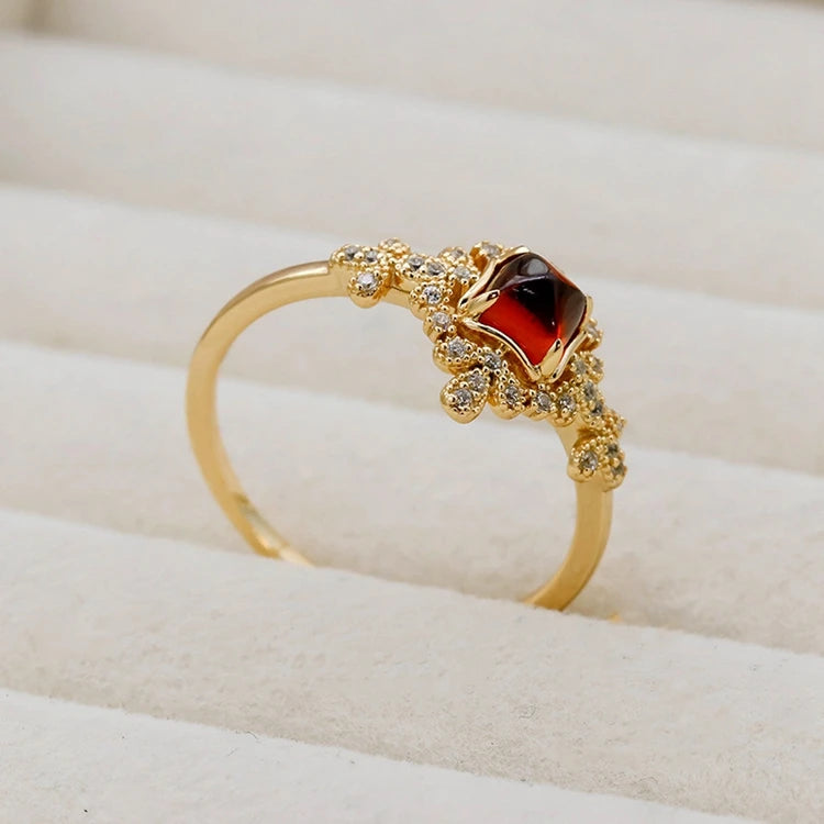 Emotional Factory 925 Sterling Silver 14K Gold Plated Gemstone Rutile Red Garnet Retro Style Zircon Ring