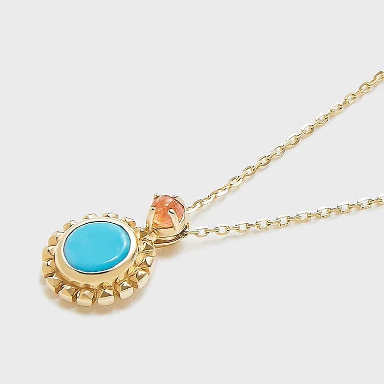 Emotional Factory 925 Sterling Silver 14K Gold Plated Gemstone Round Bead Flower Natural Turquoise Necklace