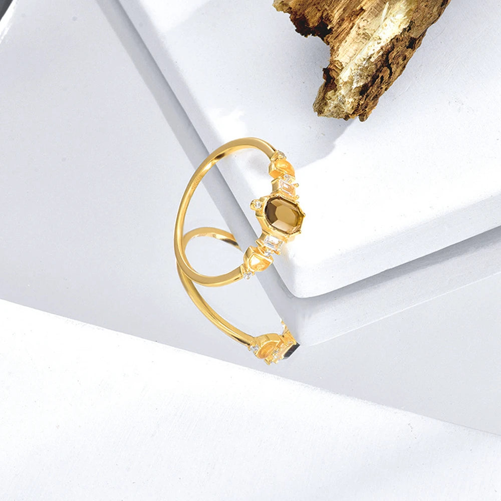 Emotional Custom Factory 925 Sterling Silver 14K Gold Plated Gem Gemstone Citrine White Topaz Hexagon Ring