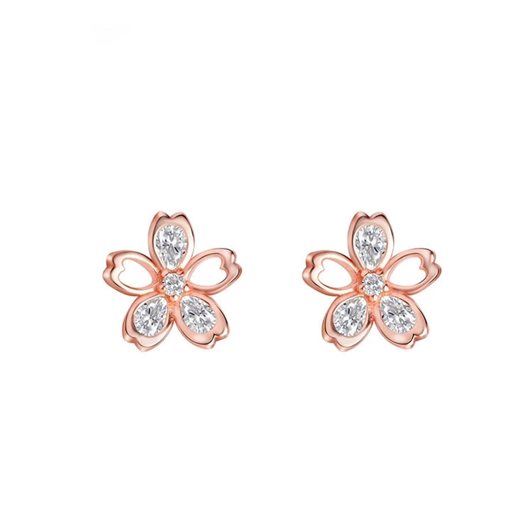 Emotional Factory 925 Sterling Silver 14K Rose Gold Plated Gemstones Five-Leaf Flower White Zircon Cherry Blossom Earrings