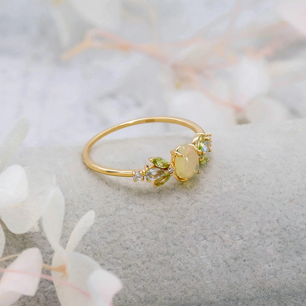 925 Sterling Silver 14K Gold Plated Gemstone Horse's Eye Opal Sky Blue Topaz Green Peridot Ring