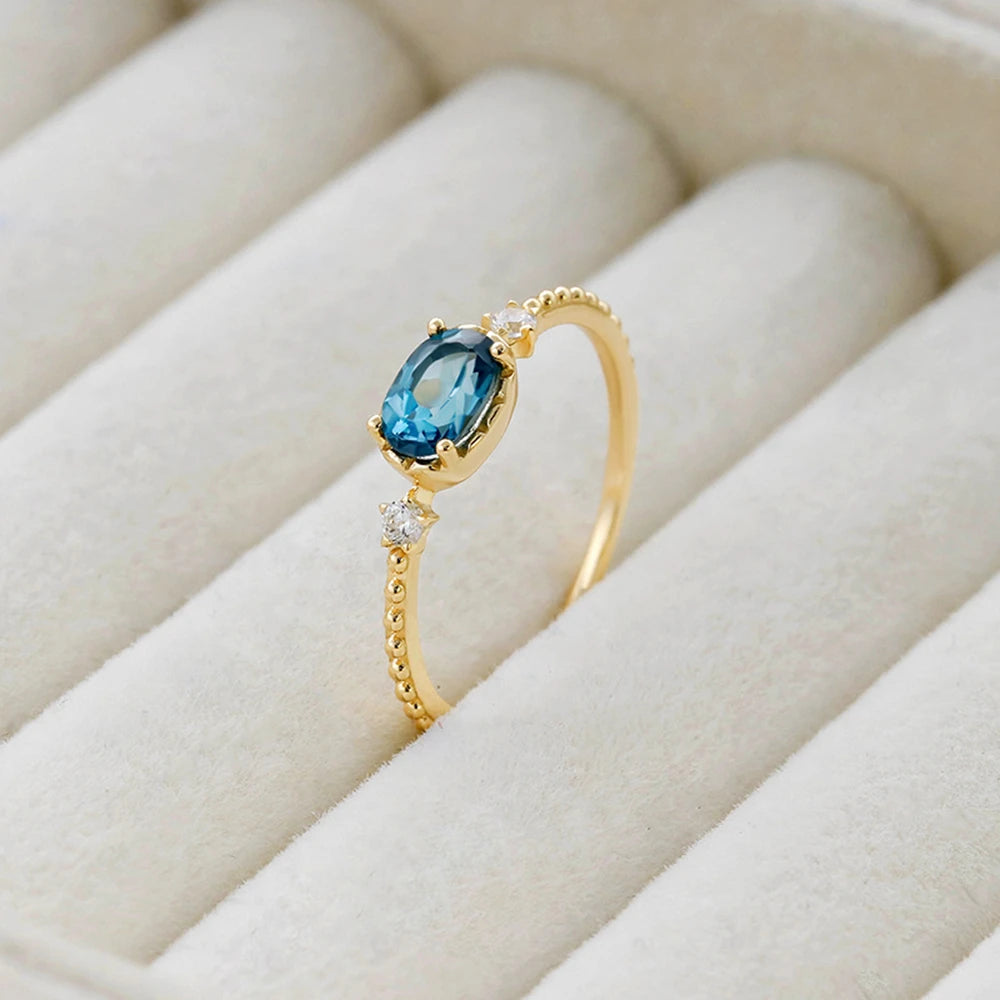 Emotional Factory 925 Sterling Silver 14K Gold Plated Natural Stone Gemstone Zircon Bead Blue Topaz Ring