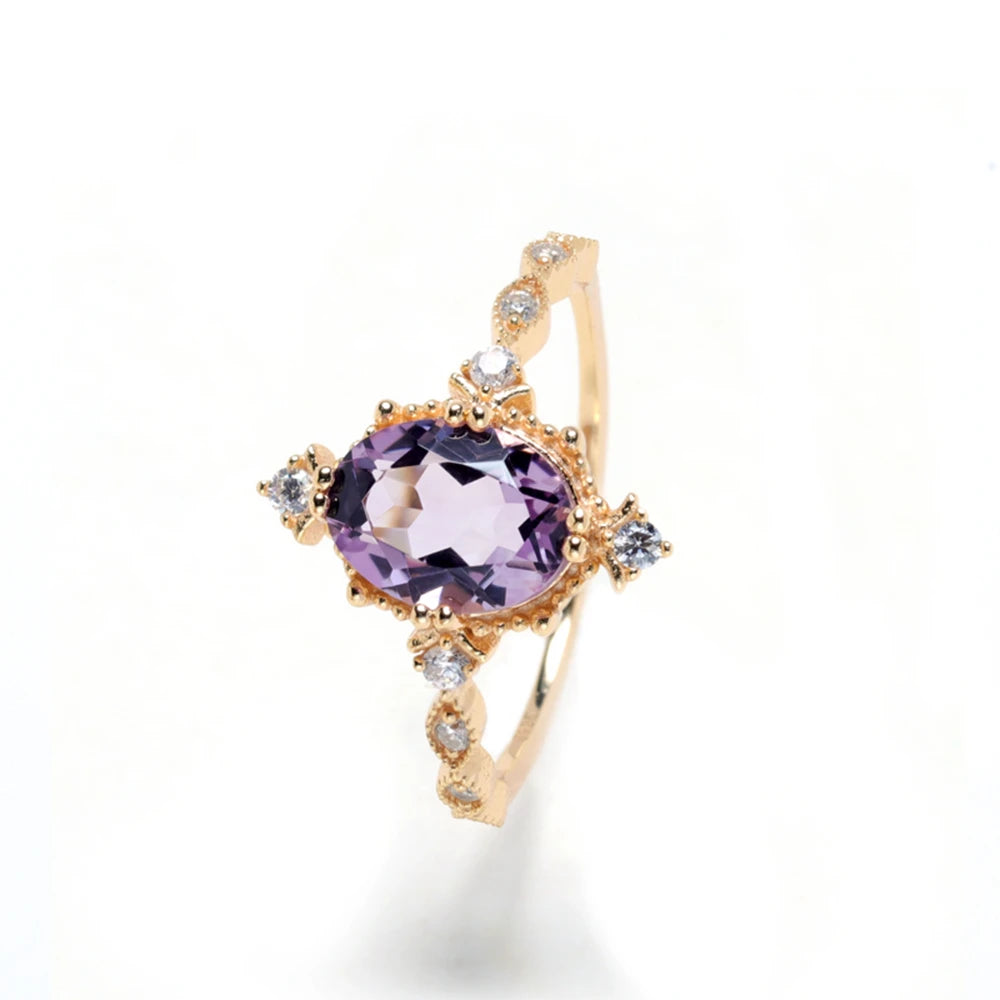 Joyeria En Tendencia Cuarzos Natural Joyeria 925 Sterling Silver 14K Gold Plated Gemstone Amethyst Micro Inlay Big Stone Ring