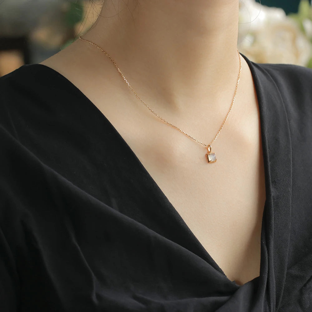 925 Sterling Silver 14K Gold Plated Gem Stone  Geometric Moonstone Sky Blue Topaz Double Stone Combinatorial Pendant Necklace