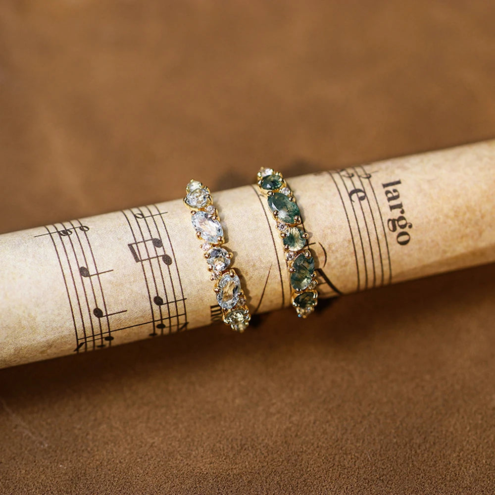 Emotional Factory 925 Sterling Silver 14K Gold Plated Gemstone Staggered Gem-Setting Geometric Round Stone Topaz Ring